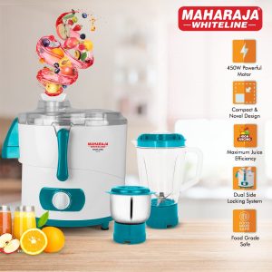 Maharaja Whiteline Mark Deo Juicer Mixer Grinder with 2 Jars, 450W - JX1-164 (White & Turquoise Blue)