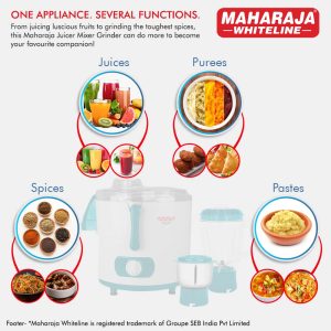 Maharaja Whiteline Mark Deo Juicer Mixer Grinder with 2 Jars, 450W - JX1-164 (White & Turquoise Blue)
