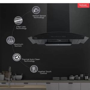 Hindware Divina 90 Cm Wall Mounted Chimney , Filter-less Auto Clean Wall Mounted Black 1200 CMH Chimney